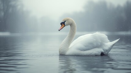 Obraz premium Elegant White Swan Floating on Misty Water. Generative AI