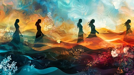 Dreamy Abstract Landscape with Waves and Silhouettes in Warm Color Palette