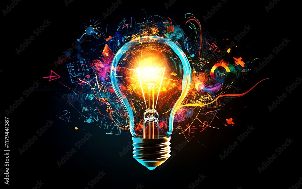 Poster a bright lightbulb emitting light, with abstract shapes and symbols swirling around, symbolizing the