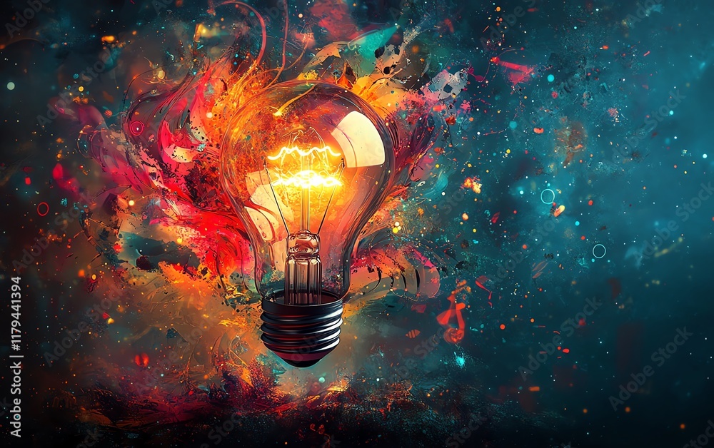 Poster a bright lightbulb emitting light, with abstract shapes and symbols swirling around, symbolizing the