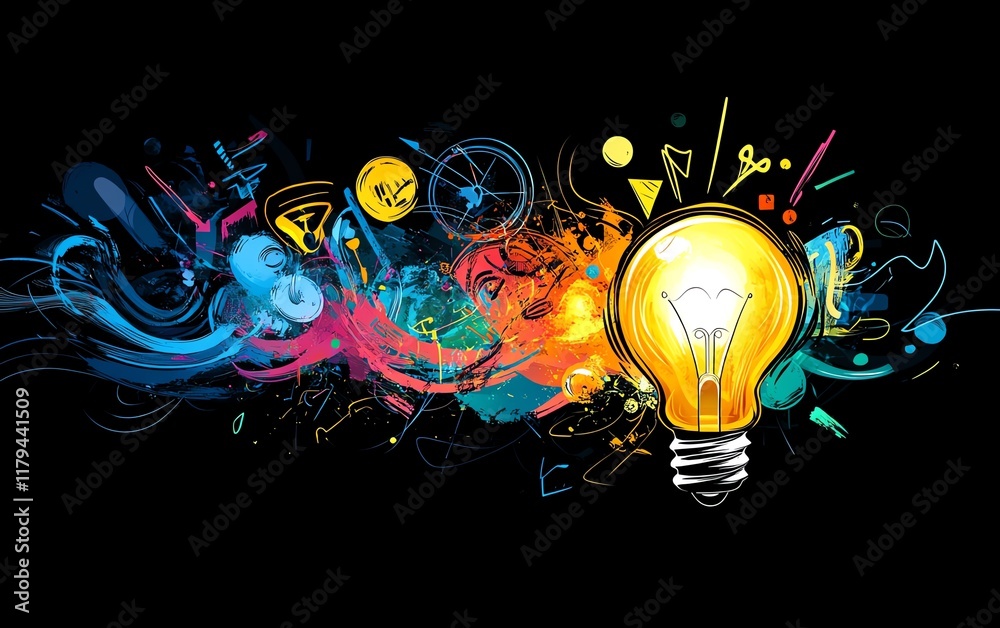Poster a bright lightbulb emitting light, with abstract shapes and symbols swirling around, symbolizing the