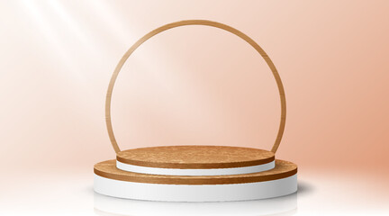 Round wooden showcase podium with frame for stage or product display, vector mockup. Exhibition podium stage or display pedestal and showcase platform background with realistic wooden arch frame
