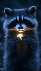 Obraz premium Adorable raccoon holding a glowing orb at night; enchanting wildlife photography with magical lighting.