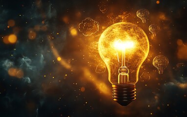 A closeup of a glowing lightbulb surrounded by floating creative ideas and thought bubbles, representing brainstorming and inspiration