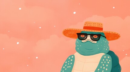 Fototapeta premium Cute hand drawn doodle of a shy quirky turtle character wearing glasses and a winter hat surrounded by snowflakes in a cozy festive winter scene Whimsical playful graphic design perfect for nature