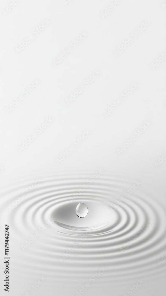 Poster Single drop of water creates expanding concentric ripples on a calm, white liquid surface, generating a mesmerizing pattern of circular waves