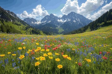 Fototapeta premium colorful alpine meadow blooming with native wildflowers and rare mountain flora during spring season, majestic snow-capped peaks in background