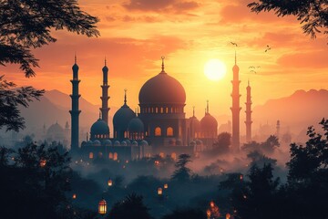 Majestic Mosque Sunset Silhouette Amidst Misty Mountains