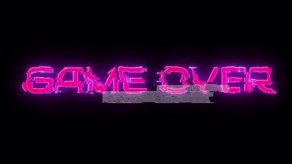 Glitch animation with ‘Game Over’ text on a transparent background, featuring a futuristic, cyberpunk design with pixelated effects, neon colors, and static noise. Perfect for gaming, streaming. - Powered by Adobe