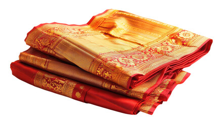 Traditional silk sarees draped elegantly, showcasing intricate designs and vibrant colors, perfect for festive occasions on transparent background