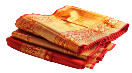 Traditional silk sarees draped elegantly, showcasing intricate designs and vibrant colors, perfect for festive occasions on transparent background