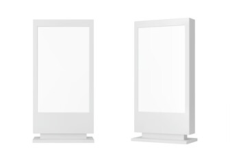 Advertise outdoor retail stand display, realistic mockup of lightbox, vector information box. Lightbox stand mock up with display in frame, 3D advertise billboard screen or POS stand and light box