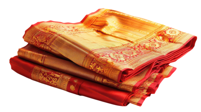 Traditional silk sarees draped elegantly, showcasing intricate designs and vibrant colors, perfect for festive occasions on transparent background