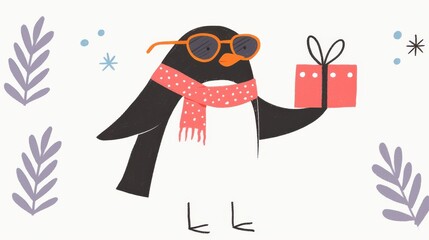 Joyful hand drawn of a cheerful whimsical penguin character holding a gift box and wearing glasses and a festive scarf in a winter wonderland setting