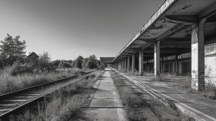 Abandoned Railway Platform Overgrown Tracks, Decaying Structure, Weathered Concrete, Silent Station,