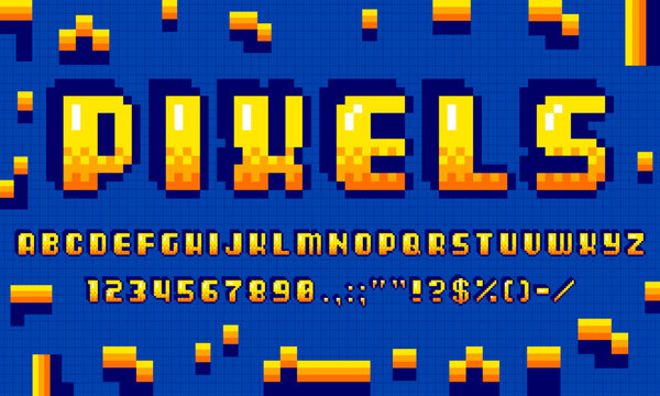 Retro pixel font, arcade game typeface, 8 bit pixel art type, binary alphabet, signs and numbers, evokes nostalgia from classic video games. Vector pixelated Abc uppercase characters in retro style