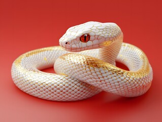 Fototapeta premium white and gold snake in the red background, year of the snake 