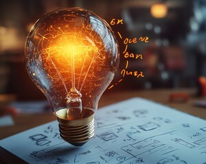 A glowing lightbulb hovering above a notebook full of sketches, representing the eureka moment of brainstorming and creative thinking