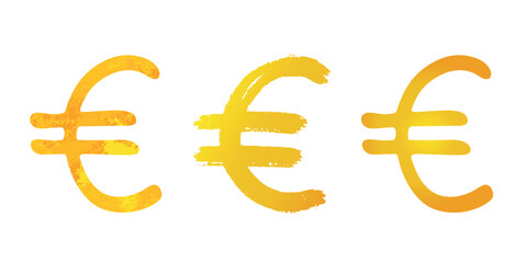Hand drawn euro gold currency symbol set Brush stroke doodle Single element for design