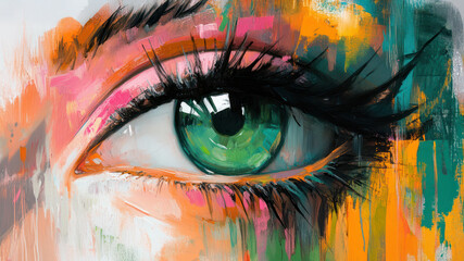 Close-up of a vibrant eye on a textured canvas. Abstract painting with bold strokes of orange, pink, and turquoise. Modern artistic expression and visual art concept for design and print