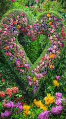 A heart-shaped topiary surrounded by vibrant Valentine’s flowers in a picturesque garden