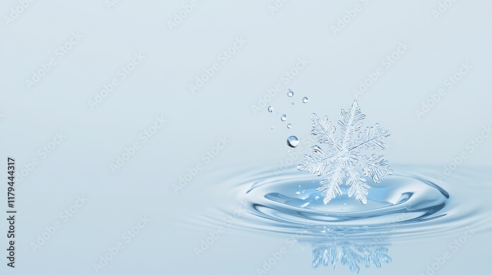Poster Close up of a snowflake floating on rippling water, creating concentric circles and reflecting light, surrounded by small water drops, evoking winter's purity and fragility