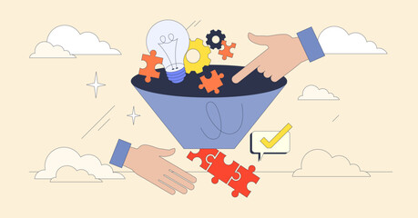 The bottleneck effect in problem-solving is depicted with hands guiding puzzle pieces through a funnel, symbolizing constraints. Neubrutalism hands concept © VectorMine