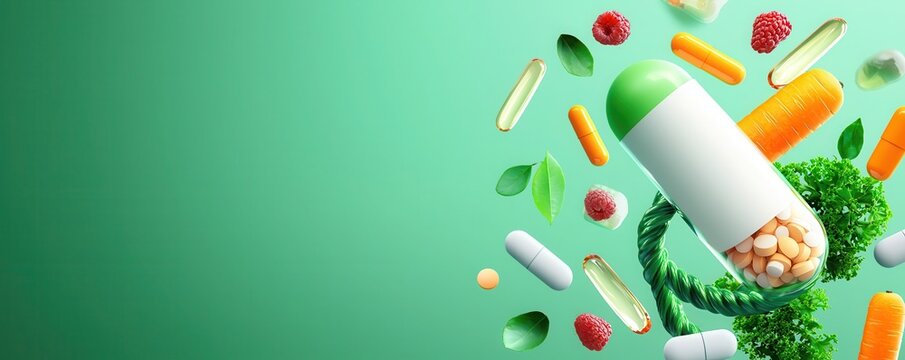 Dynamic cartoon capsule with essential vitamins and minerals health and wellness graphic design vibrant colors creative concept
