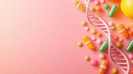 Fototapeta premium Colorful dna strands and capsules on pink background vibrant health concept abstract arrangement cheerful vibe