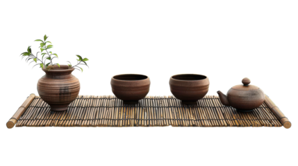 Rustic ceramic pots and tea kettle on a bamboo mat with a small plant, showcasing traditional craftsmanship and serene decor on transparent background
