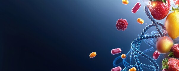 Vibrant dna helixes with fruits and vitamins scientific composition dark background cheerful vibe health concept