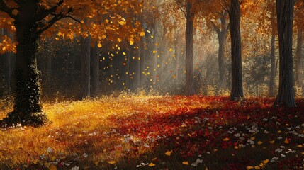 Fototapeta premium forest clearing where hundreds of colorful leaves fall, creating a carpet of gold,