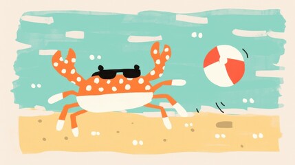 Naklejka premium Whimsical Doodle of a Playful Crab on the Beach Happily Playing with a Ball in the Sunny Coastal Landscape