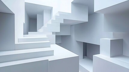 Abstract white geometric interior, staircase, light, design, background, architecture, 3D render, modern