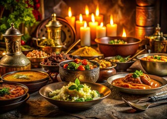 Delicious Dum Pukht Dinner, Low Light, Warm Lighting, Aromatic Spices, Traditional Cuisine