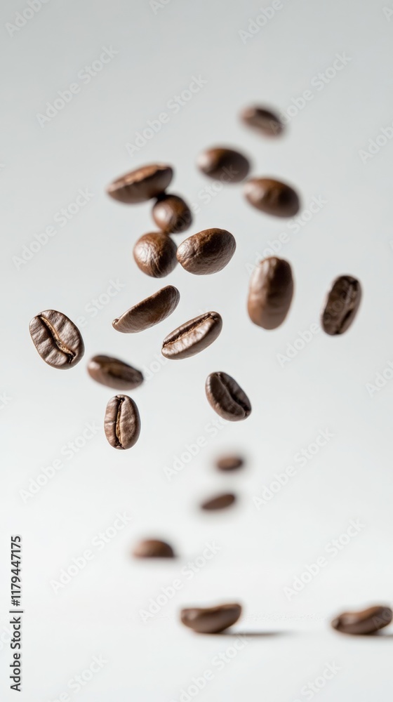 Poster roasted coffee beans levitating against a clean white background, creating a dynamic and energetic s