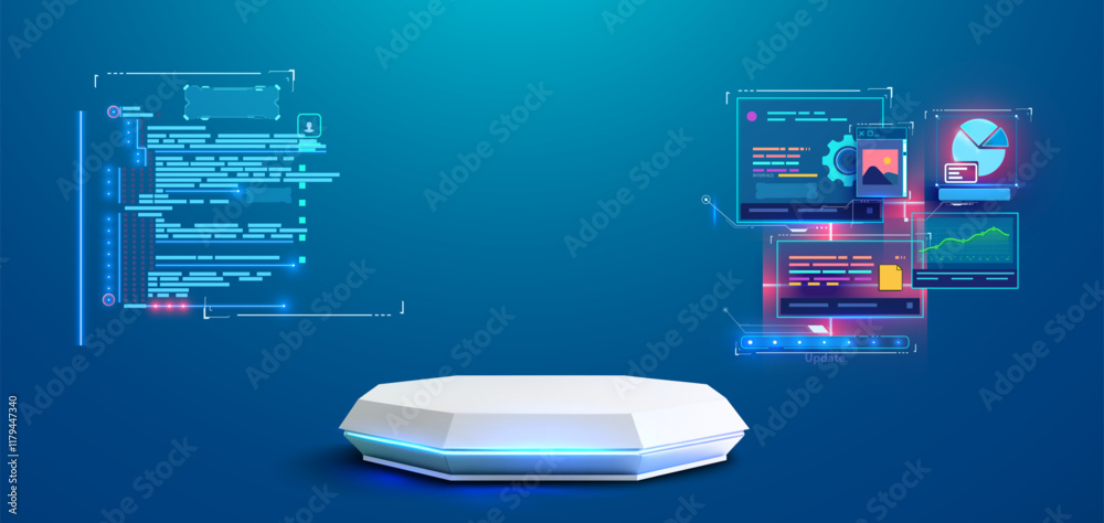 Leinwandbilder high-tech platform with futuristic code displays, data analytics, and bright neon elements. perfect 