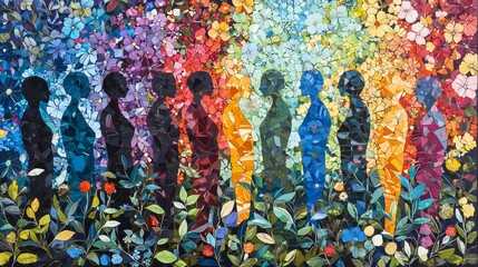 Obraz premium Abstract Artistic Representation of Colorful Figures amidst Floral Backgrounds