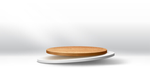 Wooden and white round podium stage or showcase for product display, vector pedestal. Realistic wooden podium stage and white round platform levitating in air for showroom display and showcase mock up