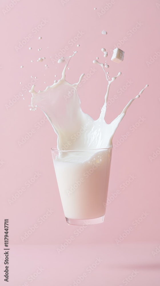 Poster Glass of milk capturing a dynamic splash as a sugar cube falls into it, all set against a vibrant pink background, creating a refreshing and energetic scene