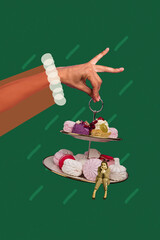 Poster art banner collage of puzzled girl sit dessert plate wait order cafe sweet pastry nutrition cake marshmallow on green background