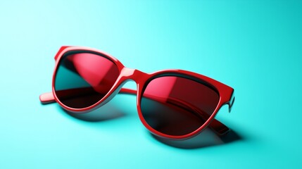a pair of red sunglasses laying on a blue surface