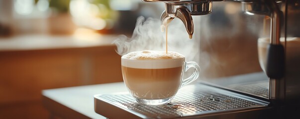 A professional coffee brewing moment, with cappuccino pouring from an espresso machine, the frothy milk blending perfectly with the espresso