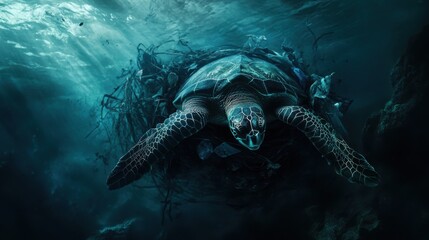 Fototapeta premium Ocean Pollution Sea Turtle Entangled in Plastic Waste