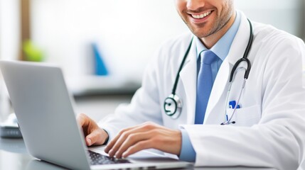 Smiling Doctor Using Laptop, Healthcare Technology, Medical Professional