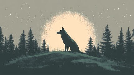 Lone wolf in the wilderness, amidst tall trees and quiet surroundings, creating a tranquil nature-inspired background, style book illustration