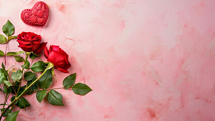 Elegant composition featuring two vibrant red roses with lush green leaves and a decorative heart-shaped gift box on a soft pink textured background. The romantic and artistic arrangement is perfect 