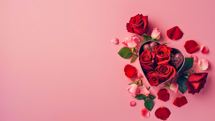 Elegant composition featuring two vibrant red roses with lush green leaves and a decorative heart-shaped gift box on a soft pink textured background. The romantic and artistic arrangement is perfect 