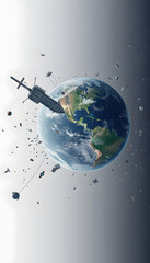 Fototapeta premium Space junk (pollution) orbiting earth, one line art, with white tones
