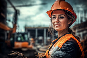 A female construction worker in an orange hard hat